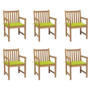 vidaXL Trädgårdsstolar 6 st med ljusgröna dynor massiv teak