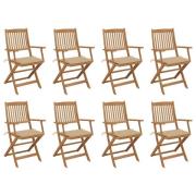 vidaXL Hopfällbara trädgårdsstolar med dynor 8 st massivt akaciaträ