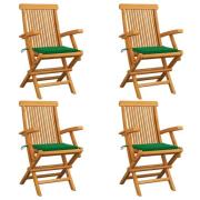 vidaXL Trädgårdsstolar med gröna dynor 4 st massiv teak