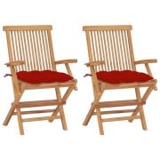 vidaXL Trädgårdsstolar med röda dynor 2 st massivt teakträ