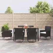 vidaXL Matgrupp för trädgården med dynor 7 delar svart konstrotting