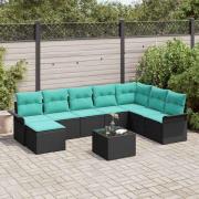 vidaXL Trädgårdsoffset med kudde med lagring 9 pcs Svart Poly rattan