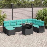 vidaXL Trädgårdsoffset med kudde 9 pcs Svart Poly Rattan