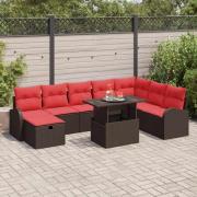 vidaXL Trädgårdsoffset med kudde med lagring 9 pcs Brun Poly rattan