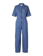 Selected Femme Slfbella 2/4 Marine Blue Denim Jumpsuit Blå