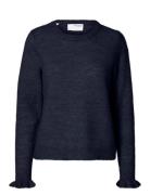 Selected Femme Slflulu Ls Knit Frill Cuff O-Neck Noos Marinblå