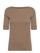 Lauren Ralph Lauren Rfnd Strtch 1X1 Rib-Elb Slv Bt Nk T Brun