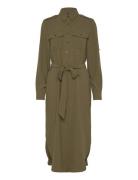 Lauren Ralph Lauren Belted Double-Faced Georgette Shirtdress Khaki Gre...