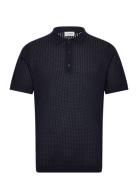 Lindbergh Crochet Knitted S/S V-Neck Polo Marinblå