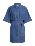Calvin Klein Jeans Linen Boxy Belted Shirt Dress Blå