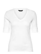 Lauren Ralph Lauren Stretch Cotton Elbow-Sleeve V-Neck Tee Vit