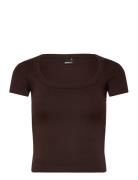 Gina Tricot Rib Short Sleeve Top Brun