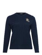 Lauren Women Button-Trim Cable-Knit Cotton Sweater Marinblå