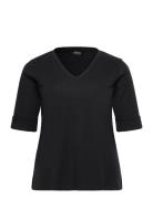Lauren Women Stretch Cotton Elbow-Sleeve V-Neck Tee Svart