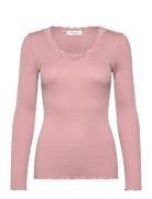 Rosemunde Rwbabette Silk Ls U-Neck Lace T-Shi Rosa
