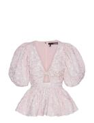 ROTATE Birger Christensen Jacquard Puff Sleeve Top Rosa