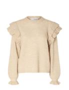 Selected Slflulu Ls Knit Shoulder Frills O-Neck Beige