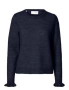 Selected Slflulu Ls Knit Frill Cuff O-Neck Noos Marinblå