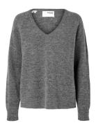 Selected Slflulu New Ls Knit V-Neck B Noos Grå