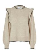 Selected Slfalva Frills Ls Knit O-Neck Beige
