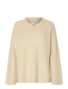 Selected Slfsia Ras Ls Knit Long V-Neck Noos Kräm