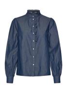 Lexington Clothing Denim Frill Blouse Marinblå