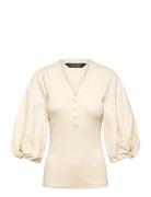 Lauren Ralph Lauren Rib-Knit Balloon-Sleeve Henley Top Kräm