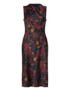 Lauren Ralph Lauren Floral Pleated Charmeuse Cocktail Dress Marinblå