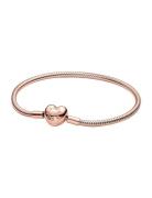 Pandora Snake Chain 14K Rose Gold-Plated Bracelet With Heart Clasp Ros...