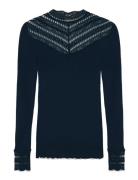 Rosemunde Rwbenita Silk Ls Lace T-Neck T-Shi Blå