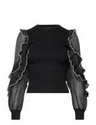 French Connection Krista Mix Ruffle Trim Slv Top Svart