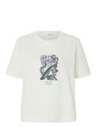Selected Slfessential Ss Boxy Printed Ink Tee Kräm