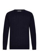 Lindbergh Lambswool Raglan Cable O-Neck Knit Marinblå