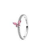 Pandora Butterfly Sterling Silver Ring With Fancy Pink And Clear Cubic...